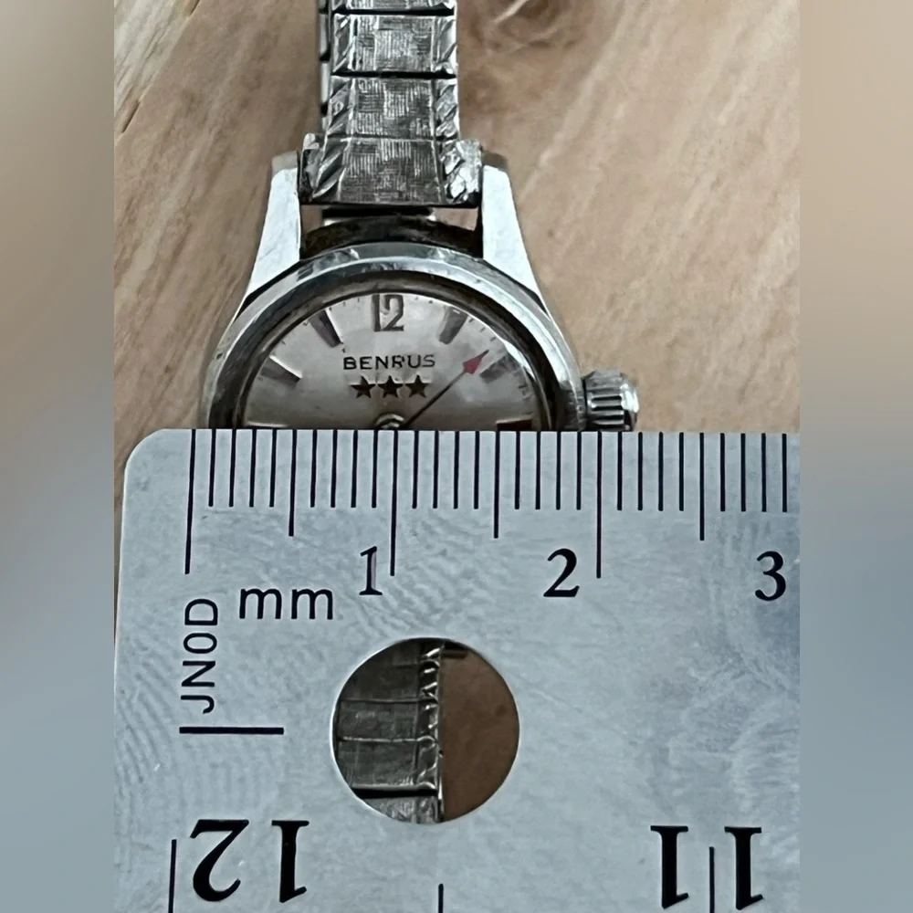 Benrus 3 Stars Ladies Watch Rare Vintage Self-Winding Silver Dial Stretch Band